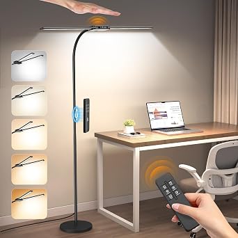 Syrinx LED Floor Lamp, 18W 2000LM Bright Reading Floor Lamp for Office, Gesture & Remote Control, Dual Head Goose-Neck Standing Lamp, Dimmable Brightness & Color Temp, Eye Caring Light for Living Room