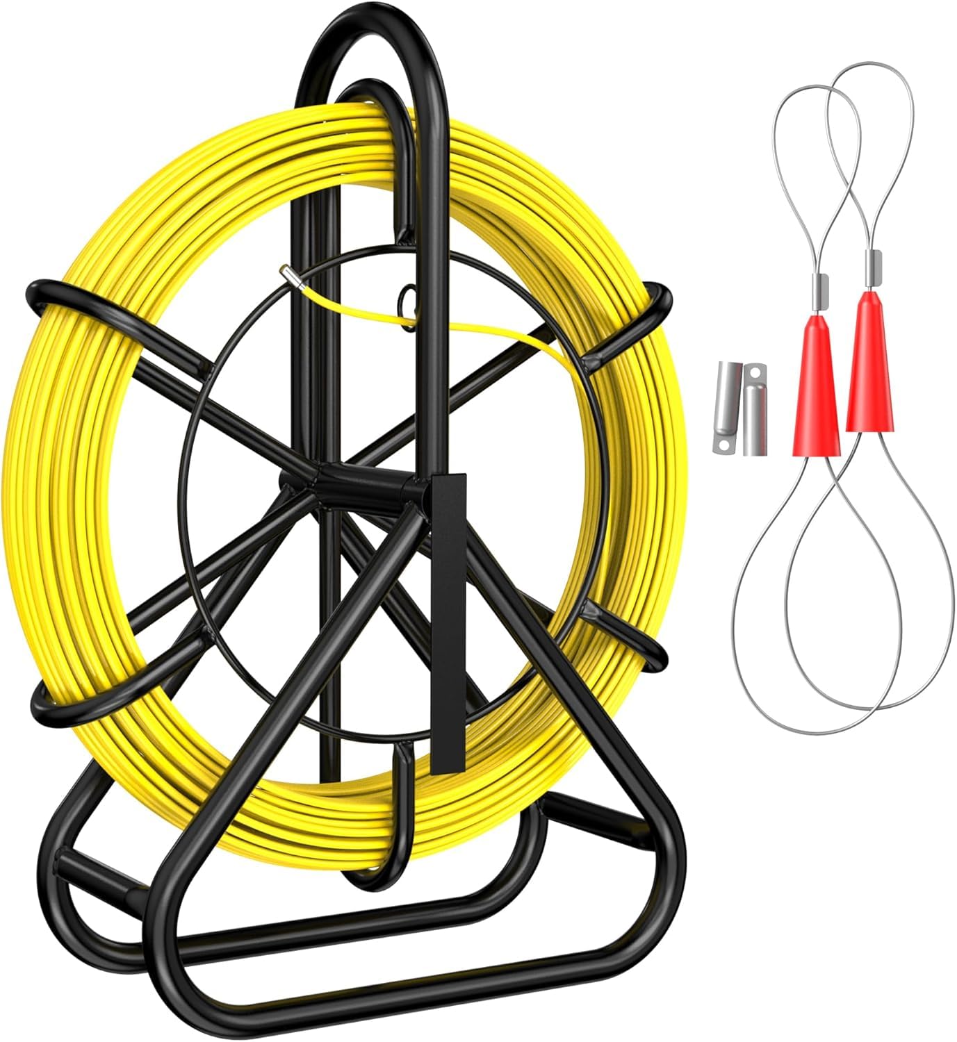 Fiberglass Fish Tape 500ft, 6mm, Duct Rodder Fishtape Fiber Glass, Electrical Cable Wire Puller Fishing Tape, Heavy Duty Cable Running Rod with Steel Reel Stand