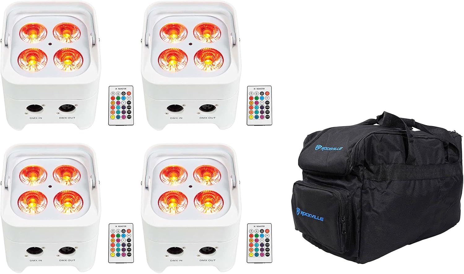 4 Rockville Best PAR 50 White Rechargeable Par Lights Wireless DMX+RGBWA+UV+Bag