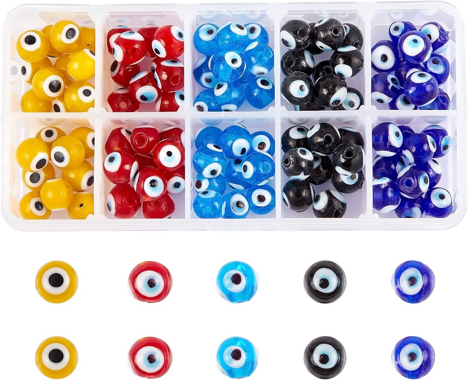 NBEADS 150 Pcs 10mm Glass Evil Eye Beads, 10 Colors, Handmade Lampwork Beads for Bracelets & Necklaces