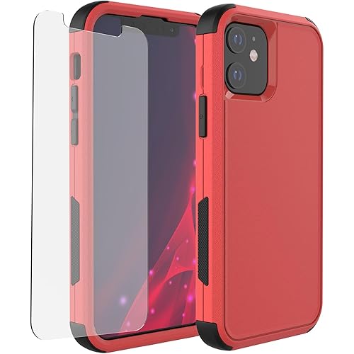 Heavy Duty Case for iPhone 12/12 Pro, 3-Layers Drop Protection Phone Case with [Tempered Glass Screen Protector] Shockproof Rugged Case Cover for iPhone 12/iPhone 12 Pro 6.1 Inch - Red/Black