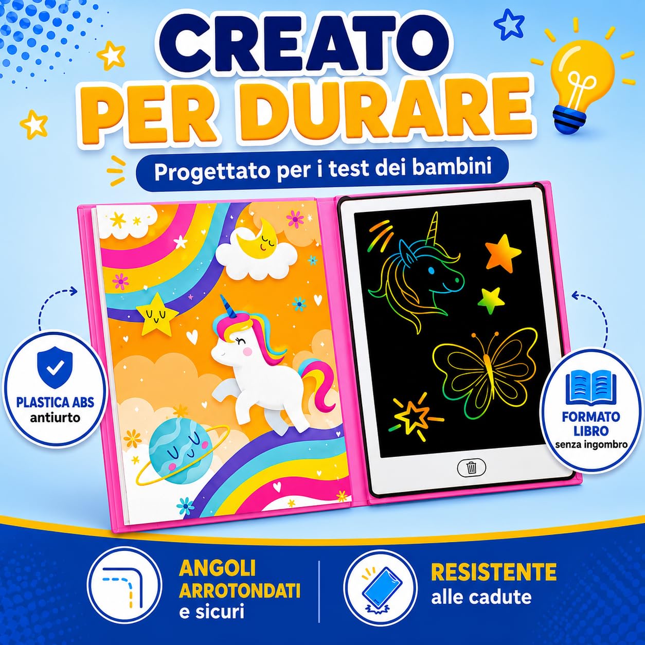 Big Minds - Tavoletta Grafica Bambini Rainbow LCD | Lavagna Per Bambini Formato Libro | Lavagnetta Cancellabile 20 Modelli Reversibili | Lavagna Magica Per Bambinii | Giochi Bambina 4 Anni