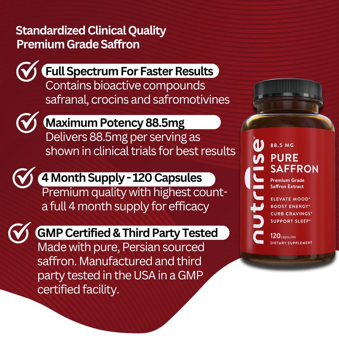 NutriRise Saffron Supplements 120 Capsules, 88.5mg Pure Extract - 4 Month Supply for Mood, Energy, Sleep, Stress & Cortisol Support - Non-GMO, Vegan & Gluten-Free for Women & Men — Amazon image 8