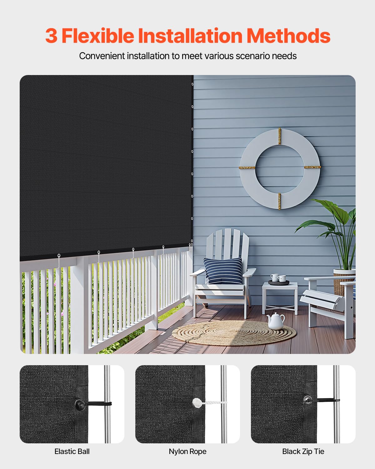 VEVOR 90% Sonnenschutztuch Sichtschutz Schattenabdeckung (244 x 366 cm) für Pergola mit Edelstahlösen, Sonnensegeltuch mit 140 g/m² HDPE-Material, für Outdoor Terrasse Garten Hinterhof (Schwarz)