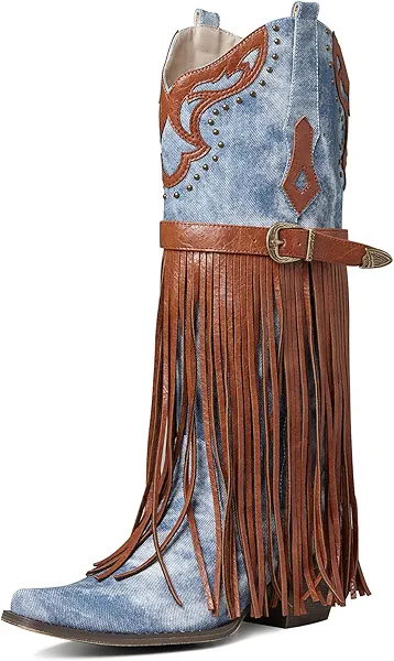 SaraIris Women's Western Boots Mid Calf Boots Buckle Strap Cowgirl Boots Chunky Heel Fashion Pointed Toe Knee High Embroidered Boots Pull On Fringe Boots for Women