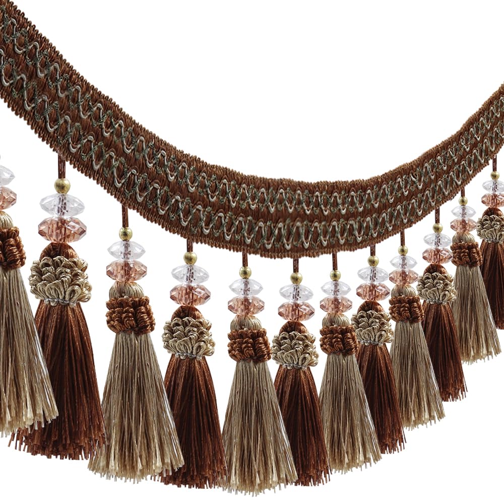 Tassel Fringe Hanging Ball Trim Tape for Curtain Braided Bead Trimming for Lampshades 2 Yards (Coffee)