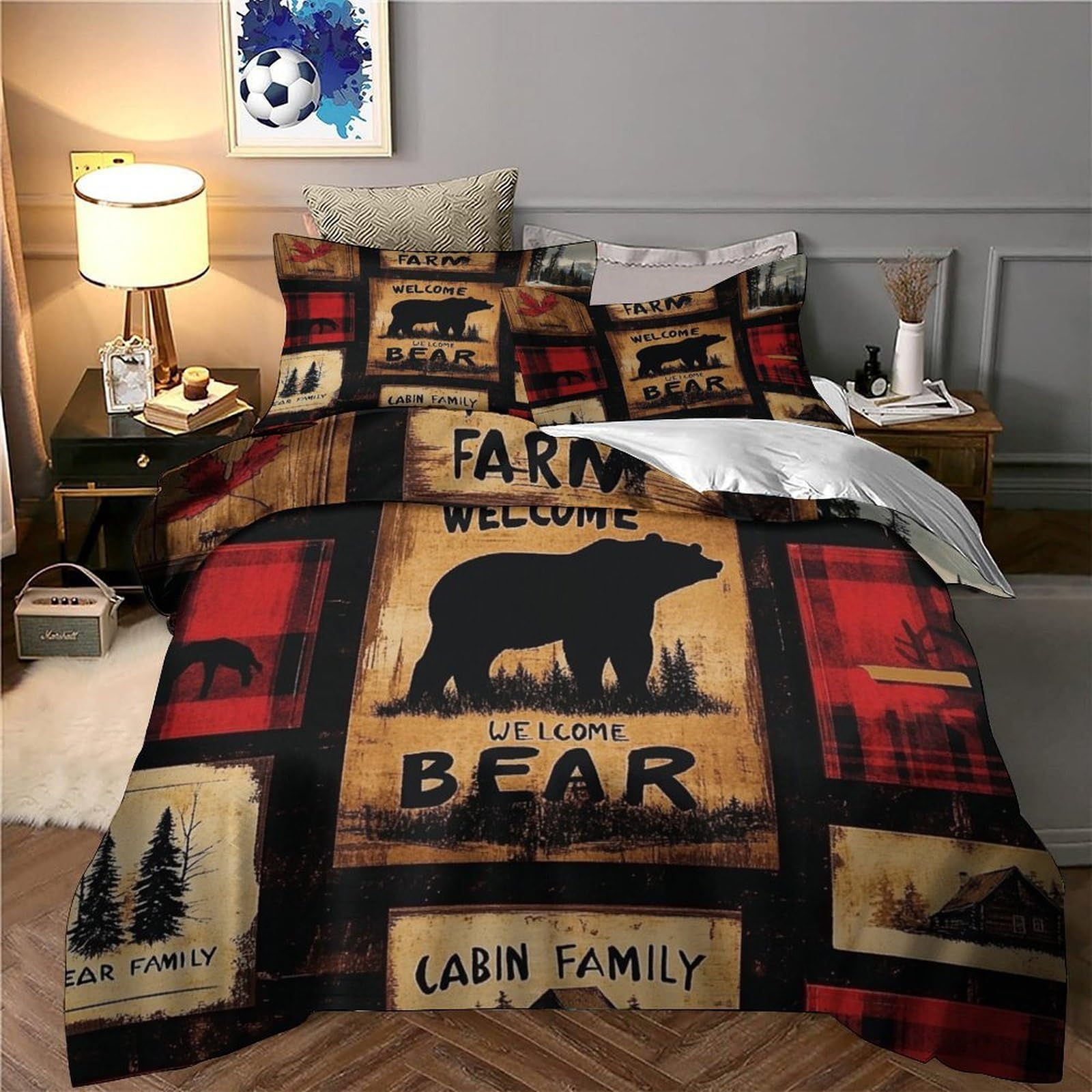 Arredamento rustico della baita Impressione 3D 3 pz cover piumone Stile cartello in legno fodera per edredone microfibra morbida ipoallergenica per adolescenti donne adulti Super king（260x220cm）