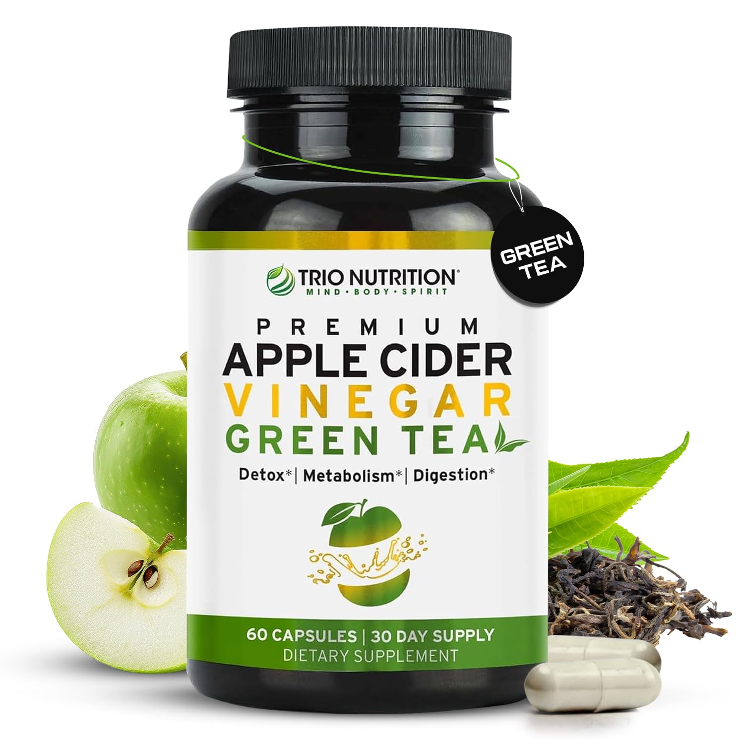 TRIO NUTRITION Apple Cider Vinegar Capsules with Green Tea - Natural Sugar Free Apple Cider Vinegar Pills with The Mother for Body Cleanse, Immune, Weight Management & Metabolism Booster*