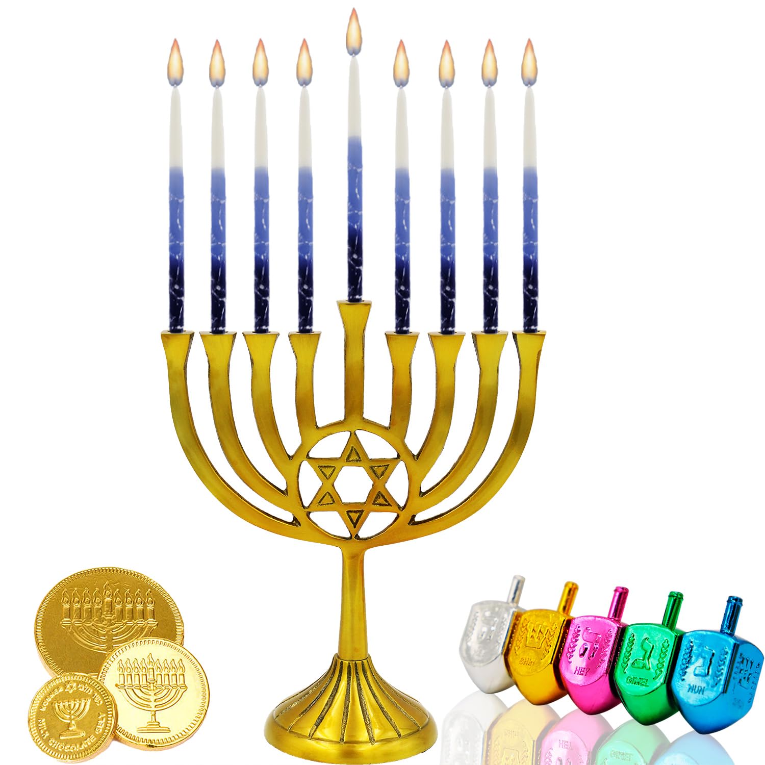 Świece Chanukah 45 świec chanukowych, dekoracyjne, fioletowe, z niebieskimi i zielonymi matowymi paskami - ręcznie robione w Izraelu (niebieski/jasnoniebieski/biały)