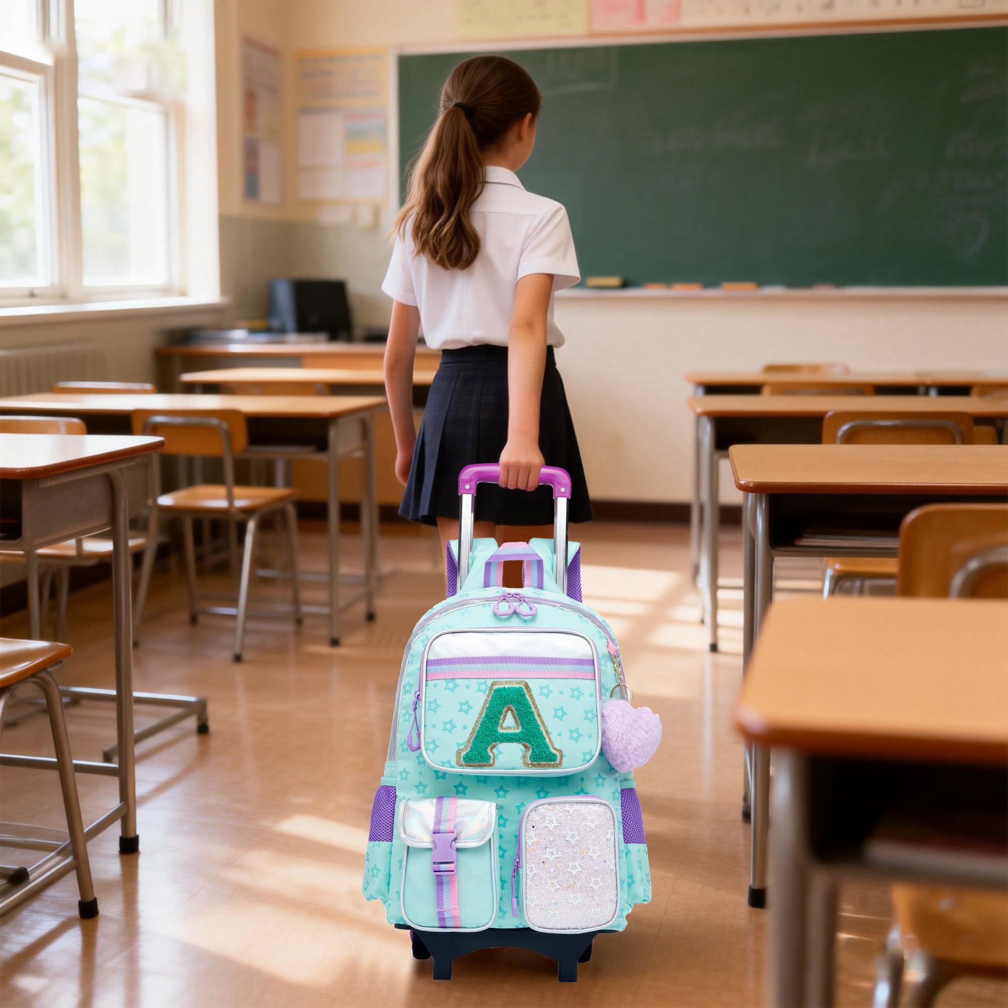 HTgroce Zaino Trolley Scuola Elementare Bambina con Lettera A – Set 3 Pezzi con Borsa per la Merenda e Astuccio – Zainetto con Ruote 2-in-1 Ergonomico per Scuola e Viaggio