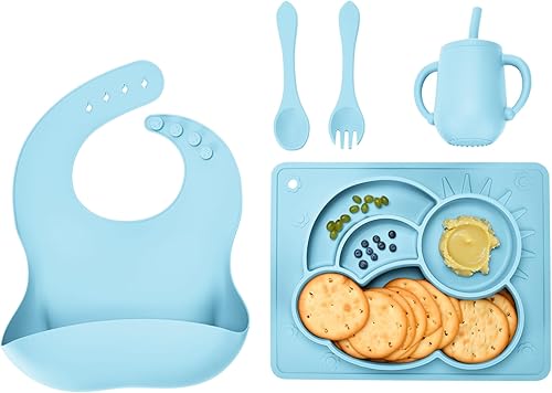 Plato arcoíris + taza de silicona + tenedor de cuchara + babero de silicona_ CT-02582B