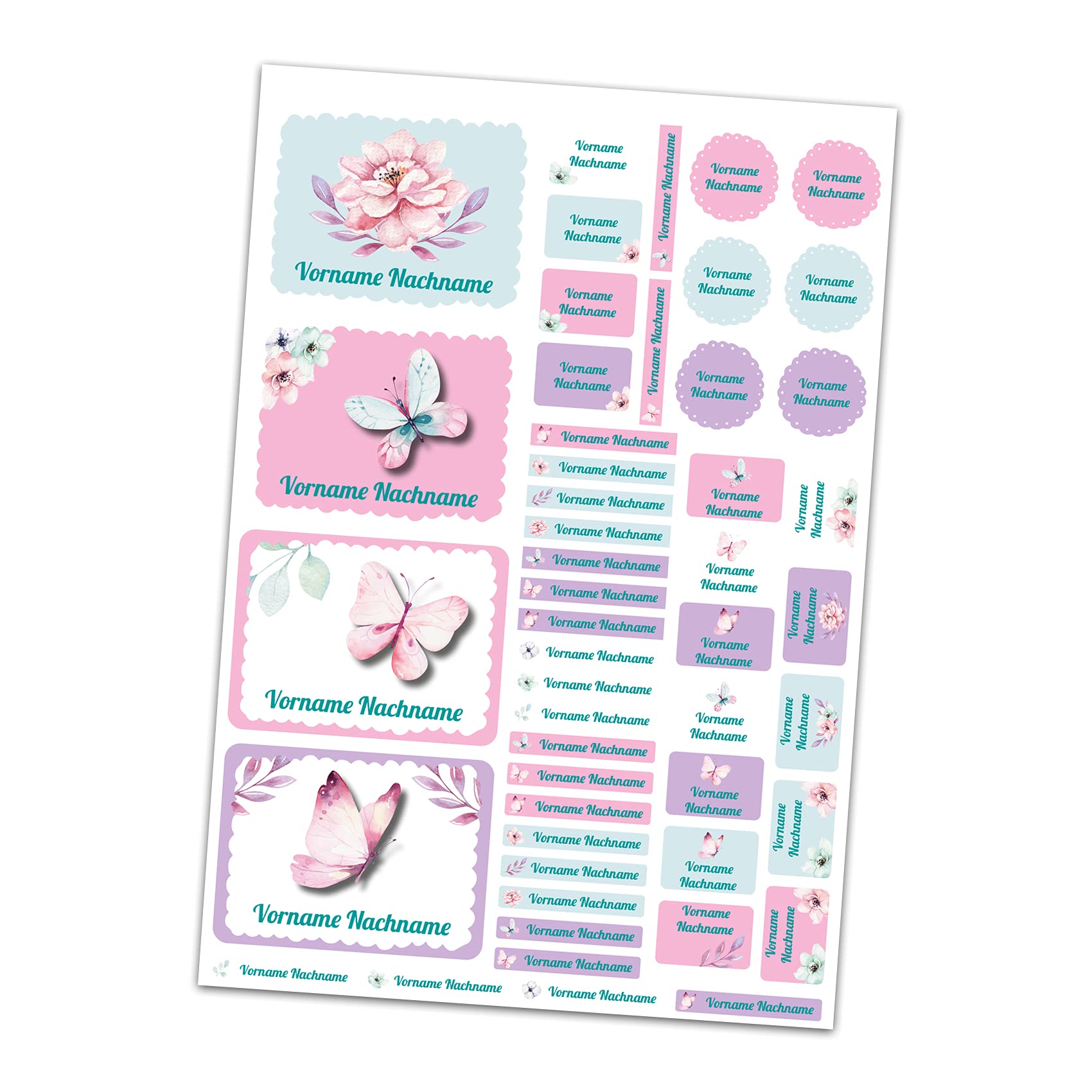 Finest Folia 50 x Namensaufkleber mit Wunschname personalisiert Aufkleber Set mit Kinder Name Beschriftung Schule Kindergarten Kleidung Sticker wasserfest (15 Schmetterlinge)