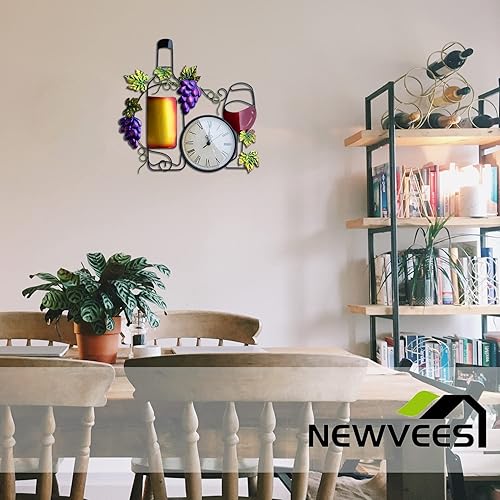 Miniatura 5 de Reloj de pared de metal para cocina, decoración artística de pared grande de 16 pulgadas, reloj decorativo con botella, vidrio, uva falsa, funciona
