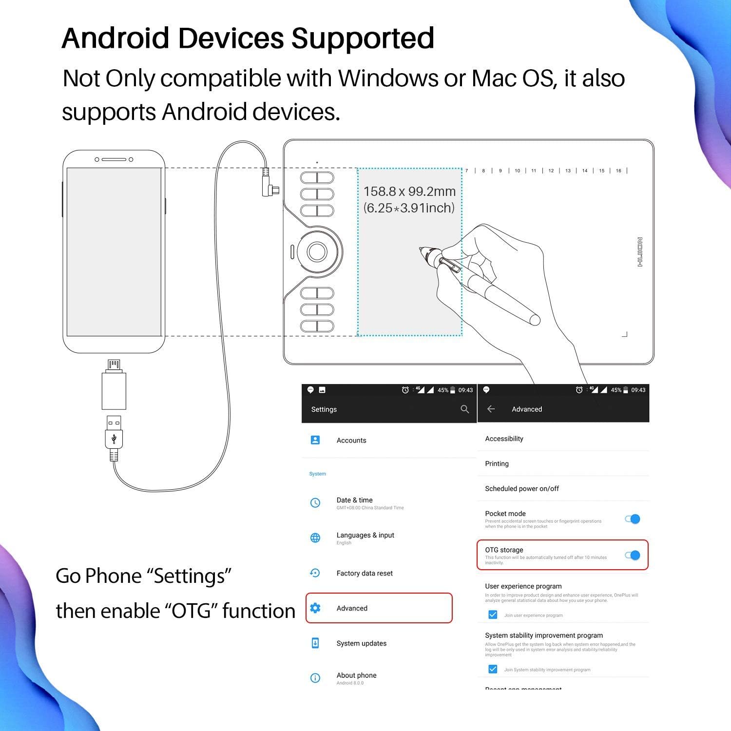 HUION Tableta gráfica HS610 lápiz digital sin batería con función de inclinación, macOS Android Windows
