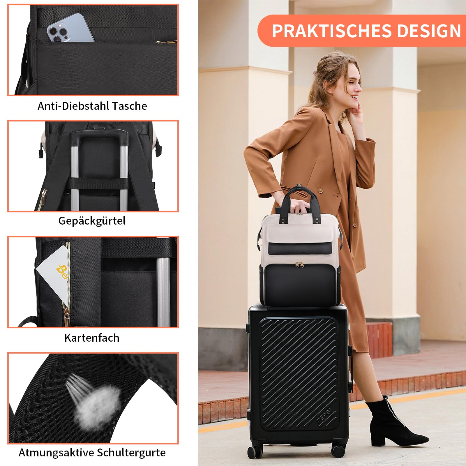 BERTASCHE Lunch Rucksack, Laptop Rucksack Damen 15,6 Zoll mit Isoliertes Kühltasche, 2-in-1-Arbeitsrucksack für Frauen/Arbeit/Business/Reisen/Lehrer/Schule/Uni，Schwarz-Beige