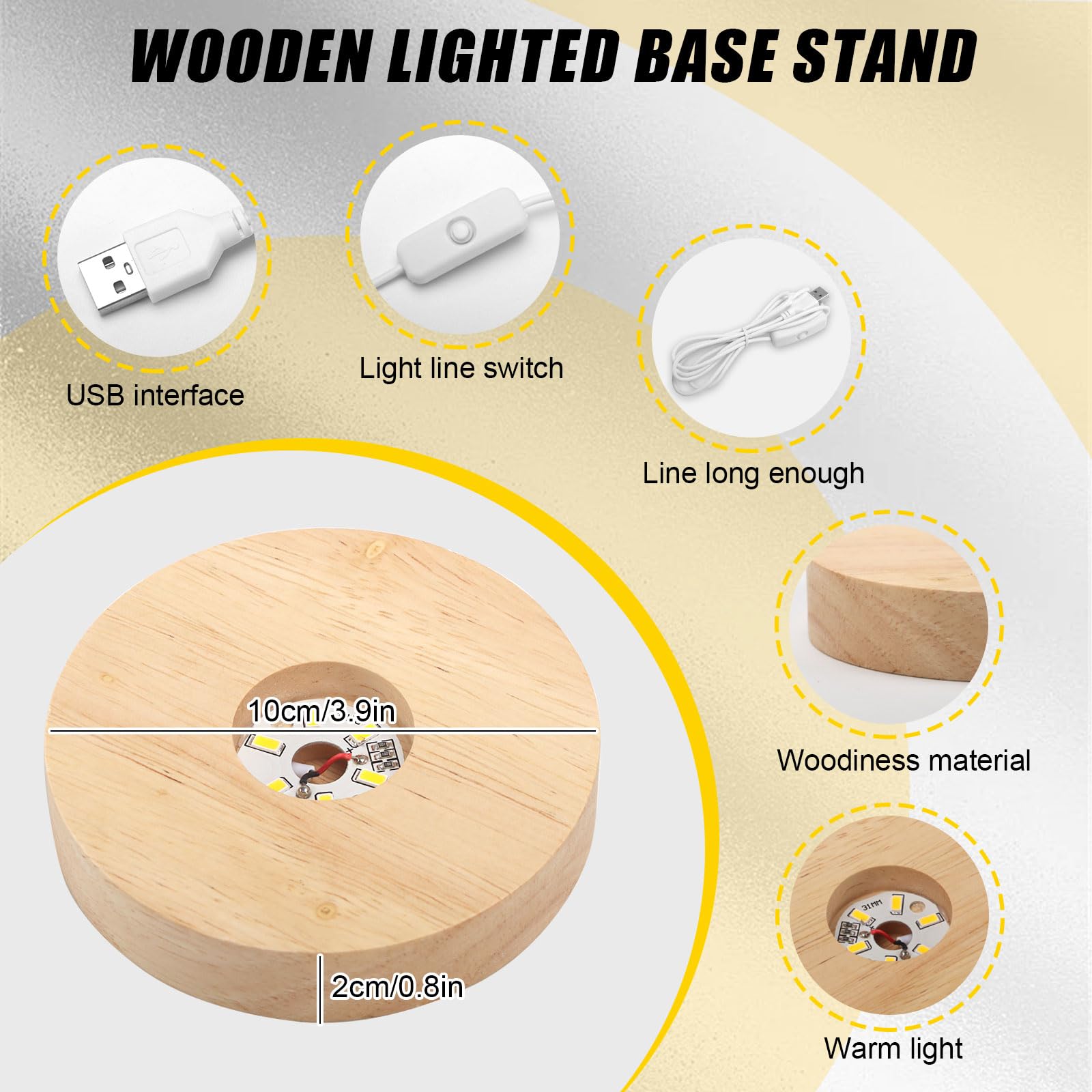 4 Stück LED Holzsockel Rund 10cm, Holz LED Lichtsockel für Acrylglas, Kristallkugel Ständer mit Warmes Licht, USB Leuchtbasis Display Basis DIY Holz Leuchtsockel für Kristallkugel Glas Acryl Schmuck