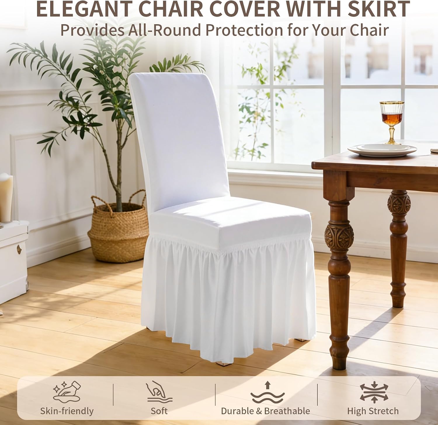 Dining Chair Covers Set of 4 Parson Chair Covers with Skirts, White
