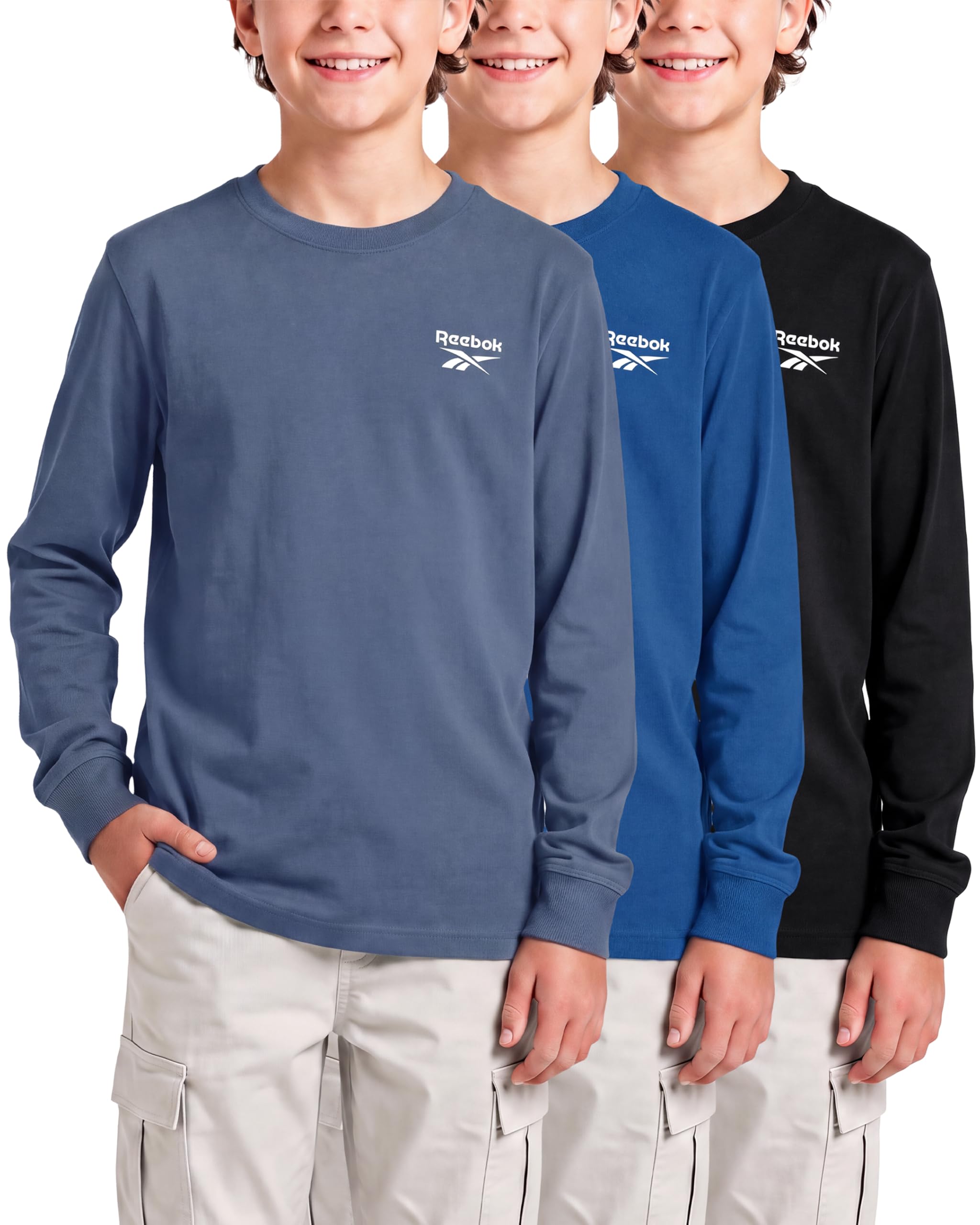 Reebok 3 Pack Boys Long Sleeve Athletic Shirts Tshirts Tees Cotton Kids Youth Teen