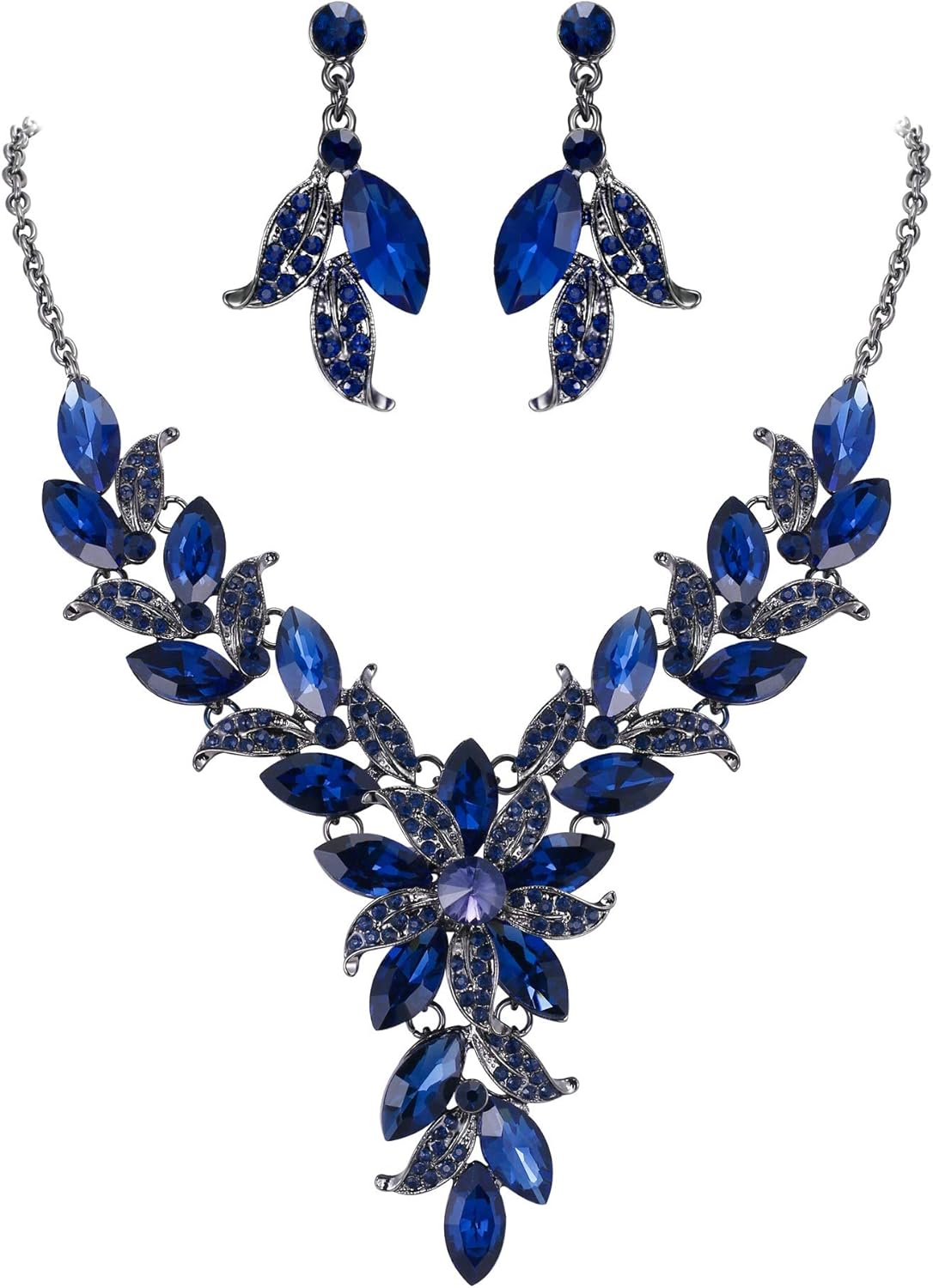 BriLove Wedding Bridal Jewelry Set for Women Crystal Enamel Marquise-Shape Leaf Flower Statement Neckalce Dangle Earrings Navy Blue Sapphire Color Black-Silver-Tone