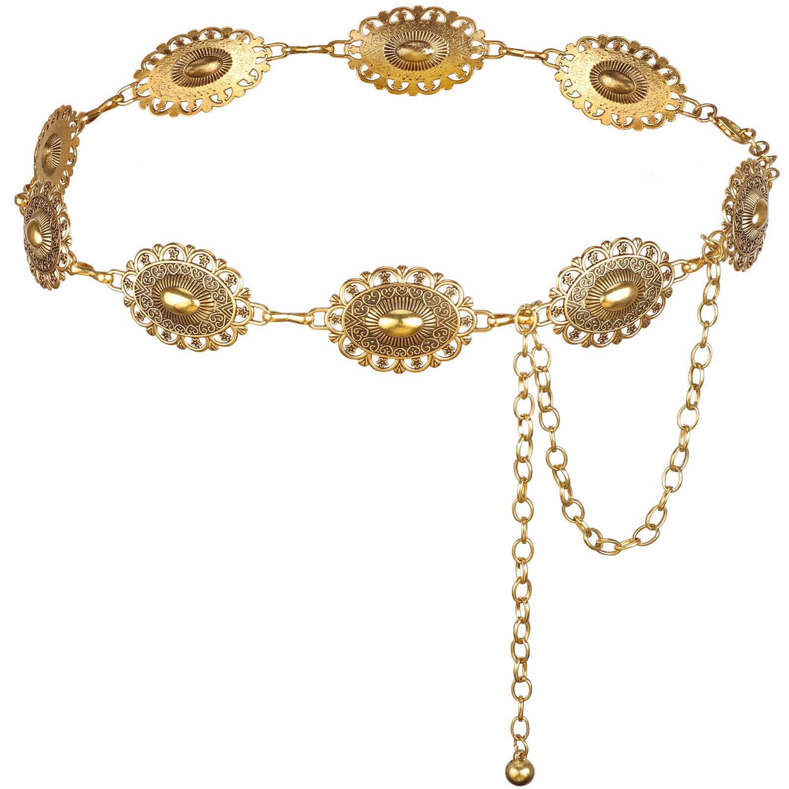 DRESHOW Western Metal Concho Belt for Women Cowgirl Boho Concho Chain Adjustable Gold Vintage Waist Chain for Women for Dresses Jeans Country Concert
