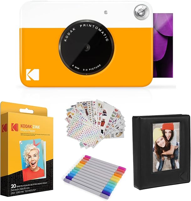 KODAK Printomatic Instant Camera (Yellow) Gift Bundle + Zink Paper (20 Sheets) + Case + 7 Sticker Sets + Markers + Photo Album
