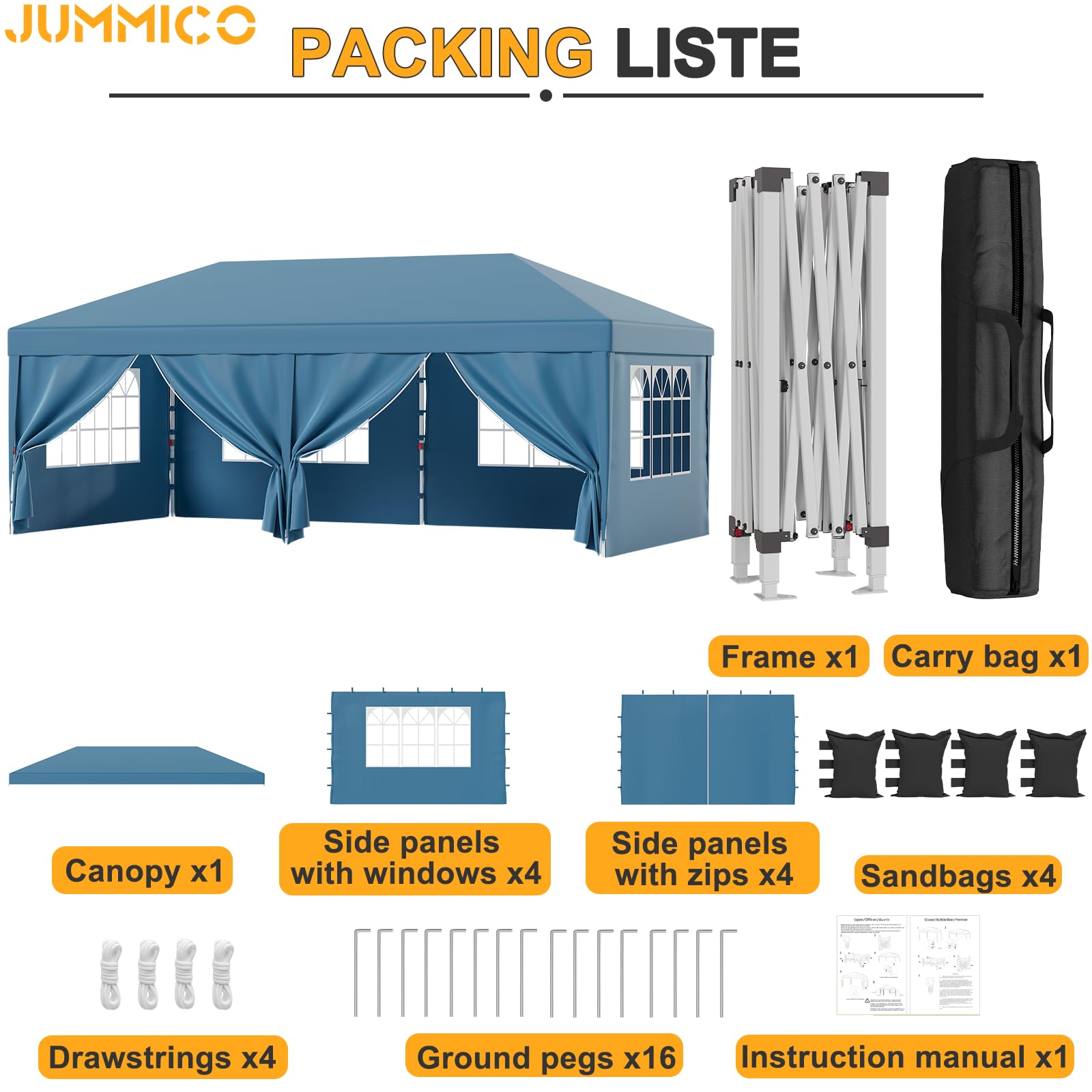 JUMMICO Gazebo 3x6m Pieghevole, Altezza Regolabile, Struttura Stabile, Copertura Esterna Resistente e Impermeabile, Con Pareti Laterali, Con 4 Sacchi di Sabbia di Peso e Sacca da Trasporto, Blu