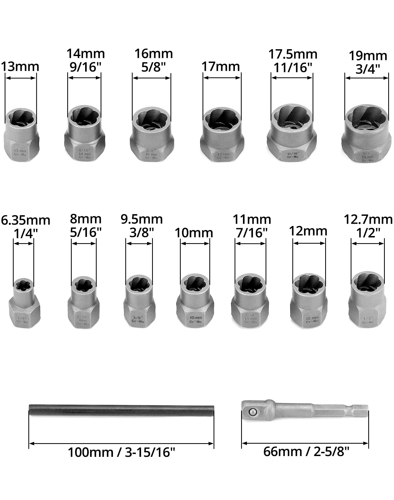 Extractor Pernos Impacto Juego De 15 Piezas Extractor De Tornillos Y Tuercas Dañadas - Acero Al Cromo-molibdeno, 3/8" Extractor Tornillos Dañados