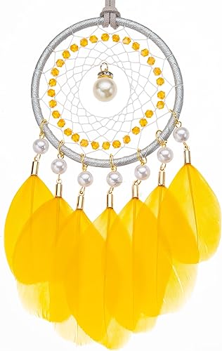 Miniatura 7 de Mini atrapasueños  Pluma de ganso con perla de lujo, cuero natural, pequeño atrapasueños hecho a mano para dormitorio, atrapasueños para niñas,