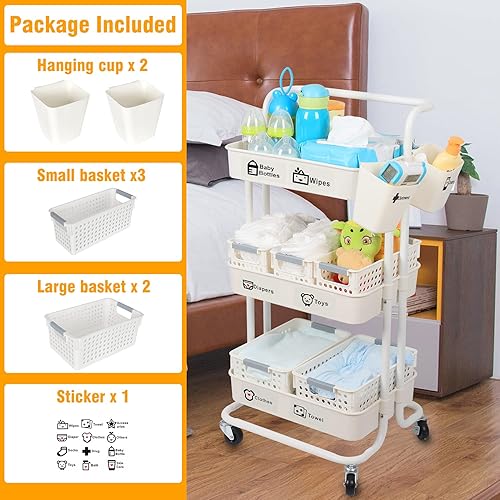Miniatura 6 de Carrito organizador de pañales para bebé, carrito rodante móvil resistente de 3 niveles con cestas y tazas colgantes, gran capacidad, artículos