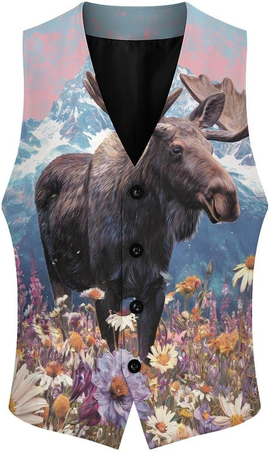 Moose Woodland-Deer Mens Suit Vest Casual Slim Fit Waistcoat for Business Wedding