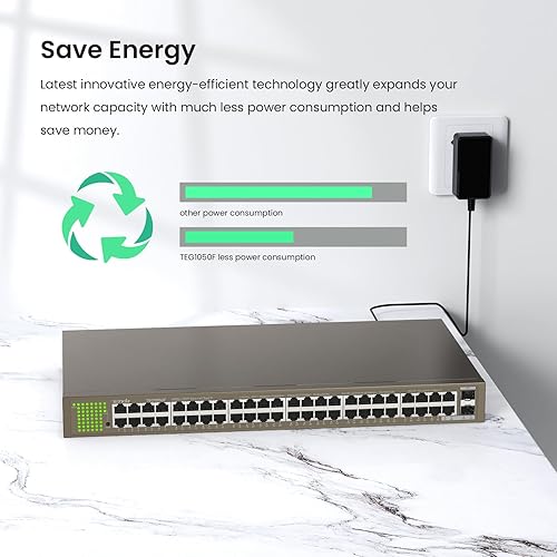 Vista 6 de Tenda TEG1050F, conmutador Gigabit de 48 puertos, conmutador Ethernet no administrado con 48 puertos Gigabit y 2 ranuras SFP, Plug & Play, montaje