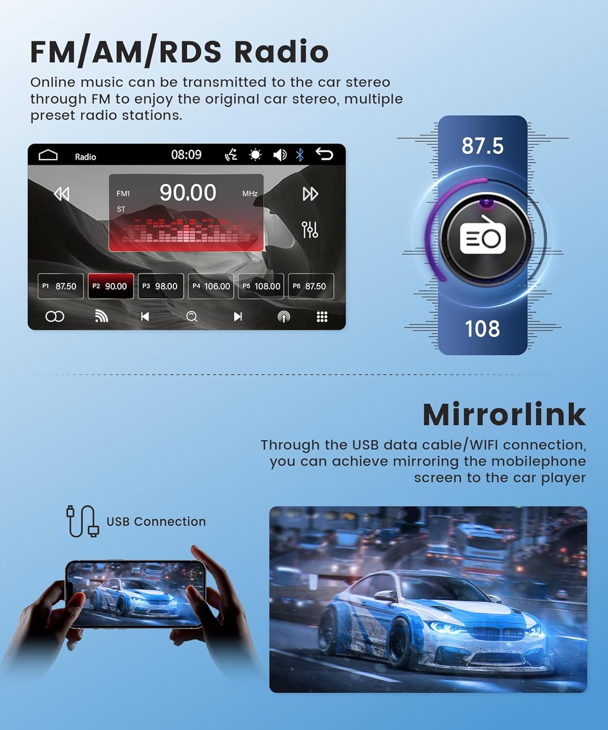 Single DIN Wireless CarPlay & Android Auto IPS Touchscreen Stereo, Upriding 9-Inch Bluetooth AM/FM Radio with Backup Camera, Steering Wheel Control, EQ, USB