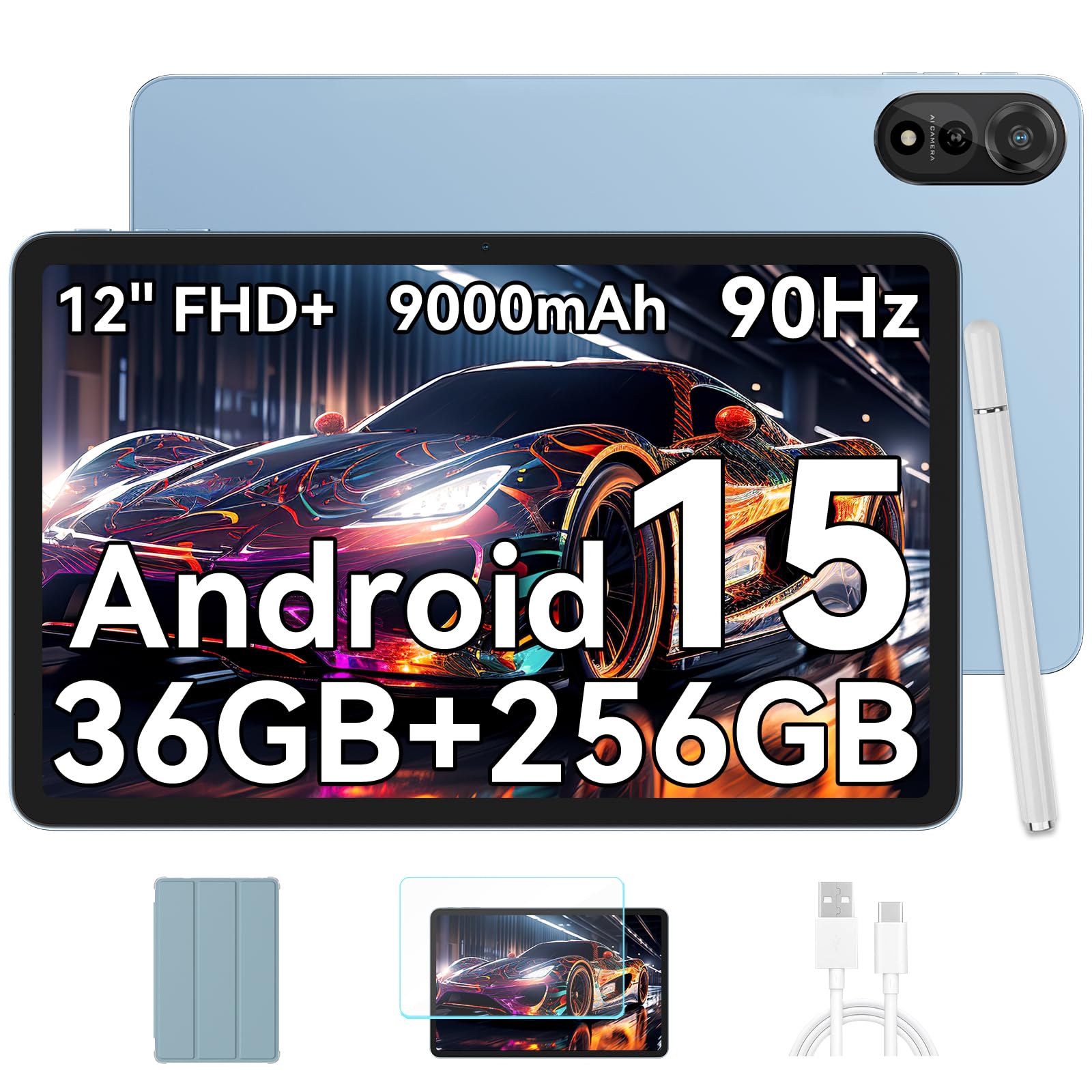 Blackview Mega2WiFi Tablet 12 Zoll Android 15, 2K 90Hz FHD Gaming Tablet mit Stift, 36GB RAM + 256GB ROM(2TB TF), WiFi6, Octa-Core 2.0GHz, 9000mAh/16MP+8MP/Bluetooth 5.2/Widevine L1/Face ID/GMS