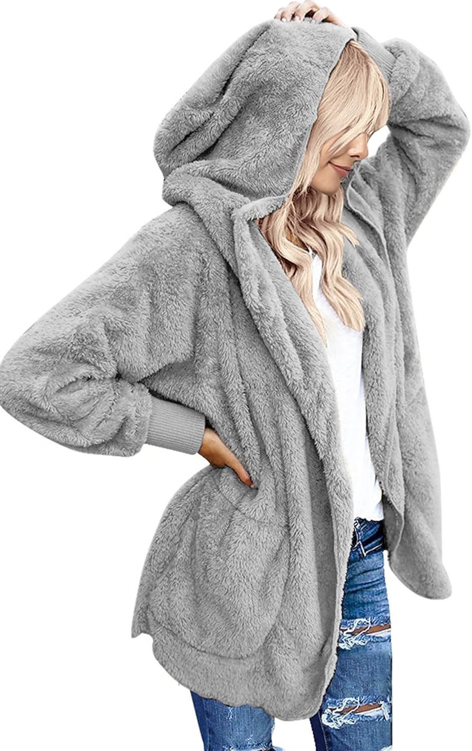 Yanekop Womens Oversized Sherpa Jacket Long Cardigan Sweaters Fuzzy Fleece Jacket Faux Fur Plus Size Coats with Pockets