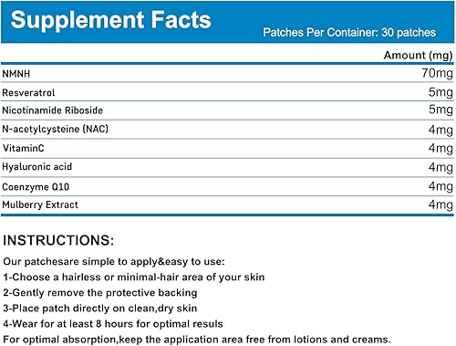Miniatura 7 de Parches NAD+  Apoyo antienvejecimiento y bienestar  Fórmula 5 veces más fuerte  NMNH, resveratrol, ácido hialurónico, Coq10 l Parche de liberación