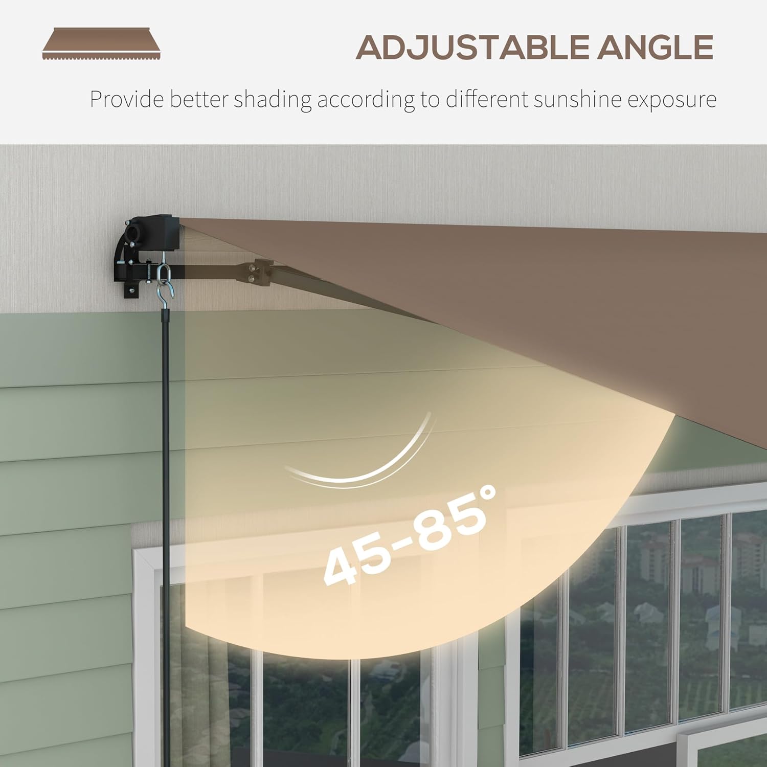 Diagram illustrating the adjustable angle feature of the awning, showing a range of 45-85 degrees for better shading.
