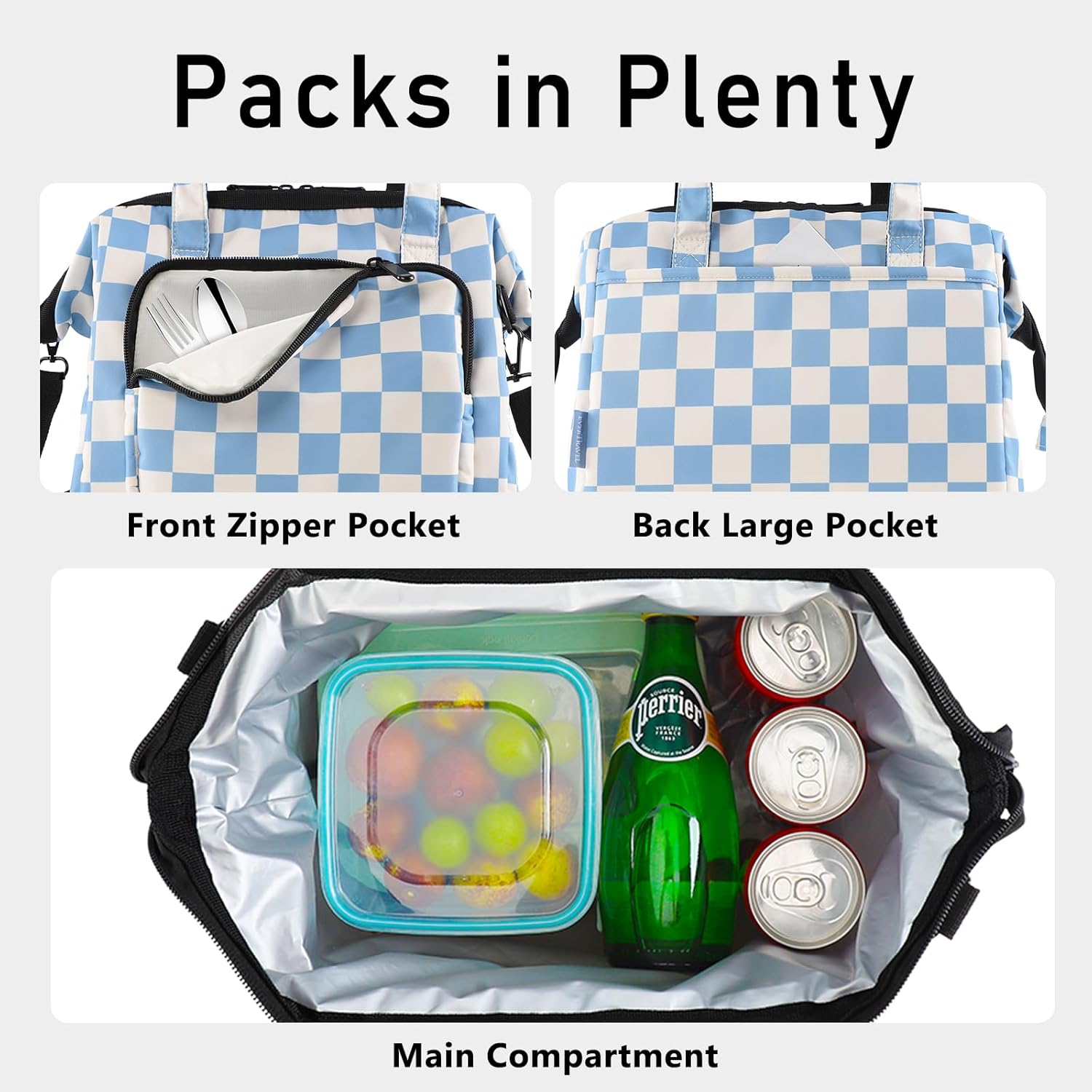 U+U Reusable Lunch Bag for Women Men Leakproof Lunch Tote Bag with Adjustable Strap, Holds Lunch Box, Snacks, Fruits for Work, Picnic or Travel - Insulated, Large Capacity, Waterproof (Blue Checkered)