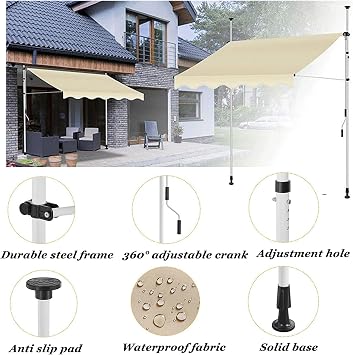 Retractable Awning, Portable Patio Awning, Waterproof Outdoor Sun Shade Shelter, Folding Gazebo Canopy Outdoor Patio Canopy Sunsetter (Beige+whiteframe 3.5m)