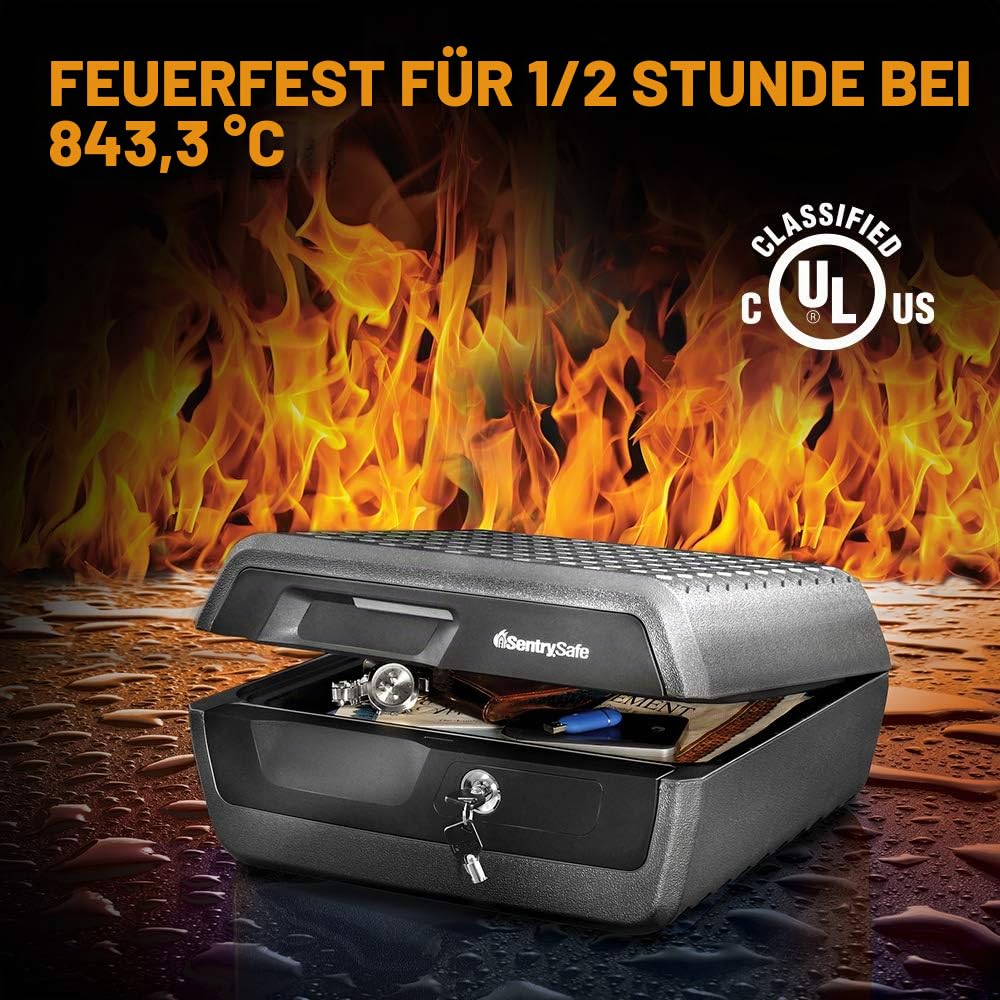Sentry Safe CHW30220 Feuerfeste und wasserdichte Tresorbox mit Schlüsselschloss, Feuer- und Wassertruhe Safe für Wertsachen, Grau & Schwarz, 0,36 Kubikfuß, 7,6 x 16,5 x 14,8 Zoll
