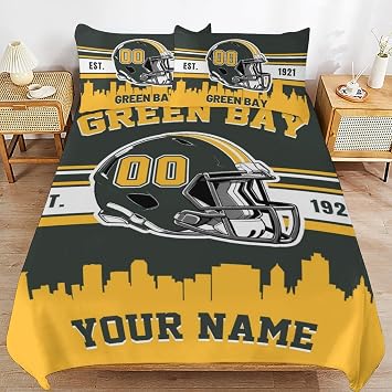 Custom Green Bay Comforter Cover Set Personalized Name and Number Bedding Set Custom 3 Piece Full Size Bedding Set for Men Husband Boyfriend Teenage Boys