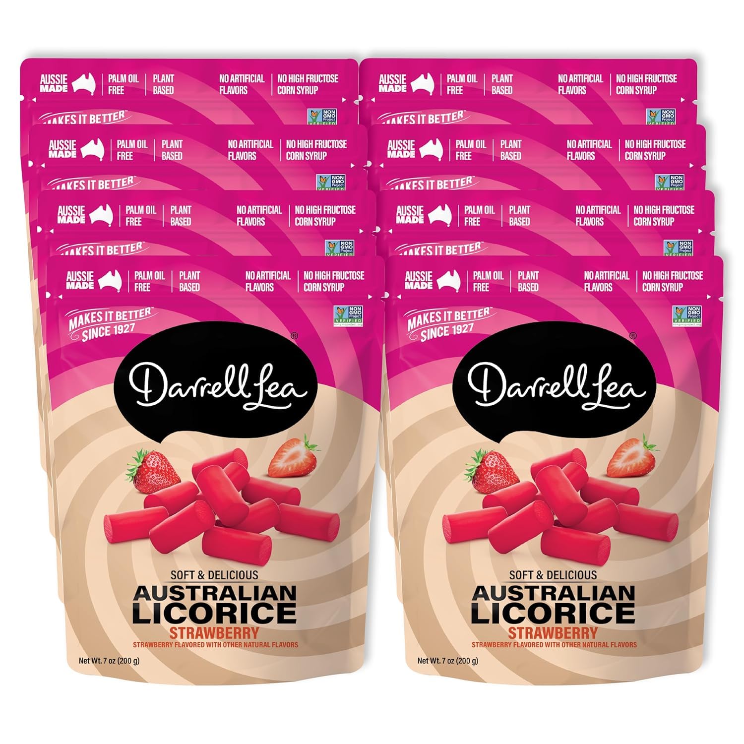 Darrell Lea Soft Australian Licorice, Non-GMO, No Palm Oil, Plant Based, No High Fructose Corn Syrup, Soft & Chewy Licorice Candy, Made in Australia (Strawberry, 7 Ounce (Pack of 8))