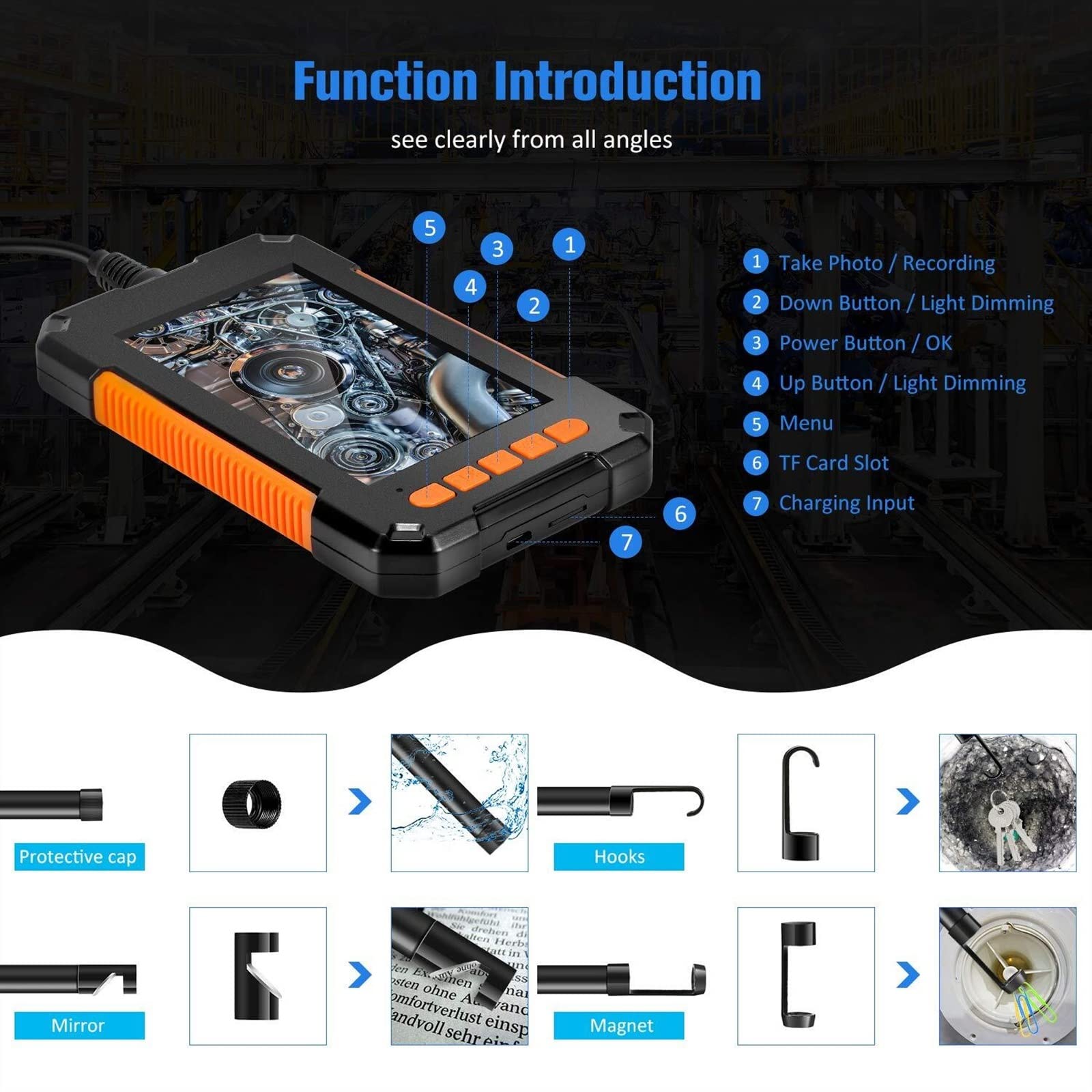 Inspection et analyse Caméra Endoscope industrielle 1080P 4.3 '' caméra étanche à endoscope d'inspection de voiture de tuyau à lentille simple/double for outils de cvc (Size : 5m, Color : 8mm Dual L