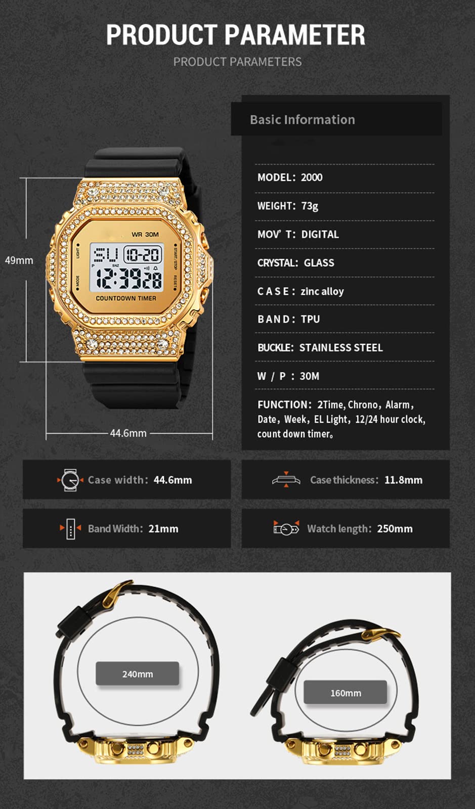 FANMIS Reloj de pulsera para hombre y mujer, casual, con luz de fondo, impermeable, cuadrado, deportivo, digital, electrónico