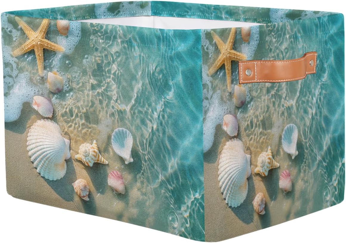 AUUXVA Storage Basket Summer Sea Beach Starfish Seashell Storage Cube Box Durable Canvas Collapsible Toy Basket Organizer Bin with Handles for Shelf Closet Bedroom Home Office image 2