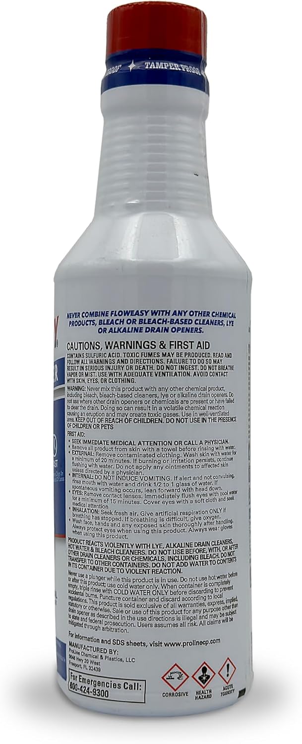Flow-Easy Professional Virgin Sulfuric Acid Drain Opener – 12 Pack (20oz Bottles) – Fast-Acting Liquid Clog Remover for Grease, Hair, & Soap Scum – Septic Safe & Industrial Strength