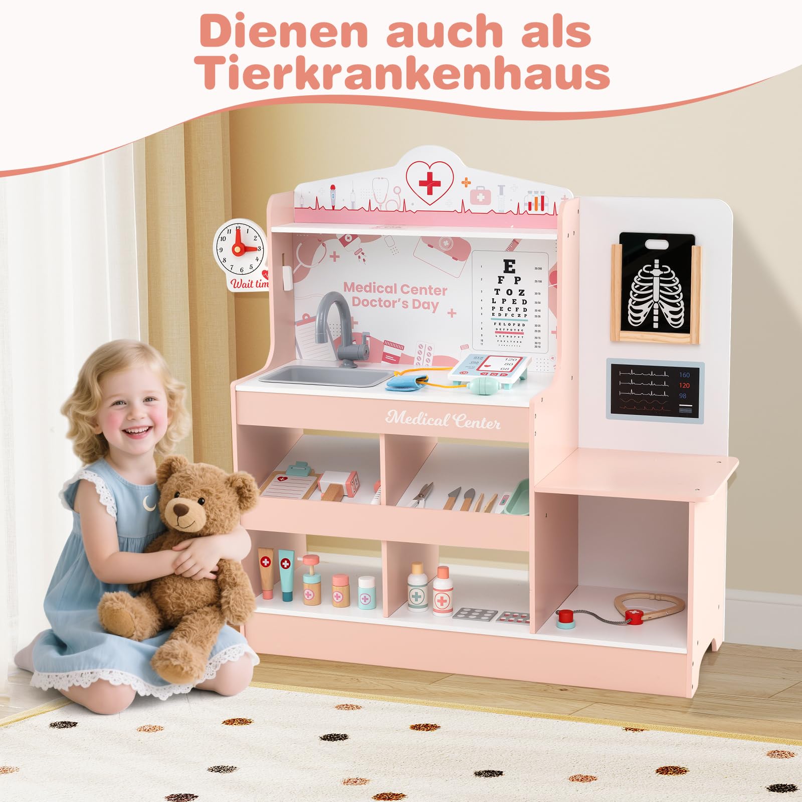 DREAMADE Krankenhaus Spielset, Arztkoffer Kinder aus Holz mit 24 Zubehörteilen, Stethoskop, Blutdruckmessgerät & Spüle, Arzt Rollenspielzeug für Kinder ab 3 Jahren (Rosa)