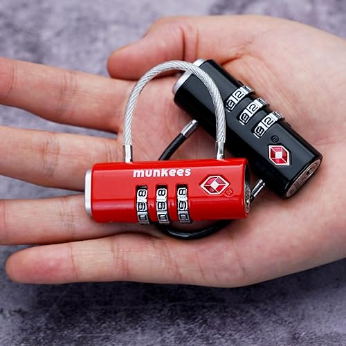 Miniatura 8 de munkees Cerradura de equipaje aprobada por la TSA, combinación de 3 dígitos, construcción de metal (rojo)