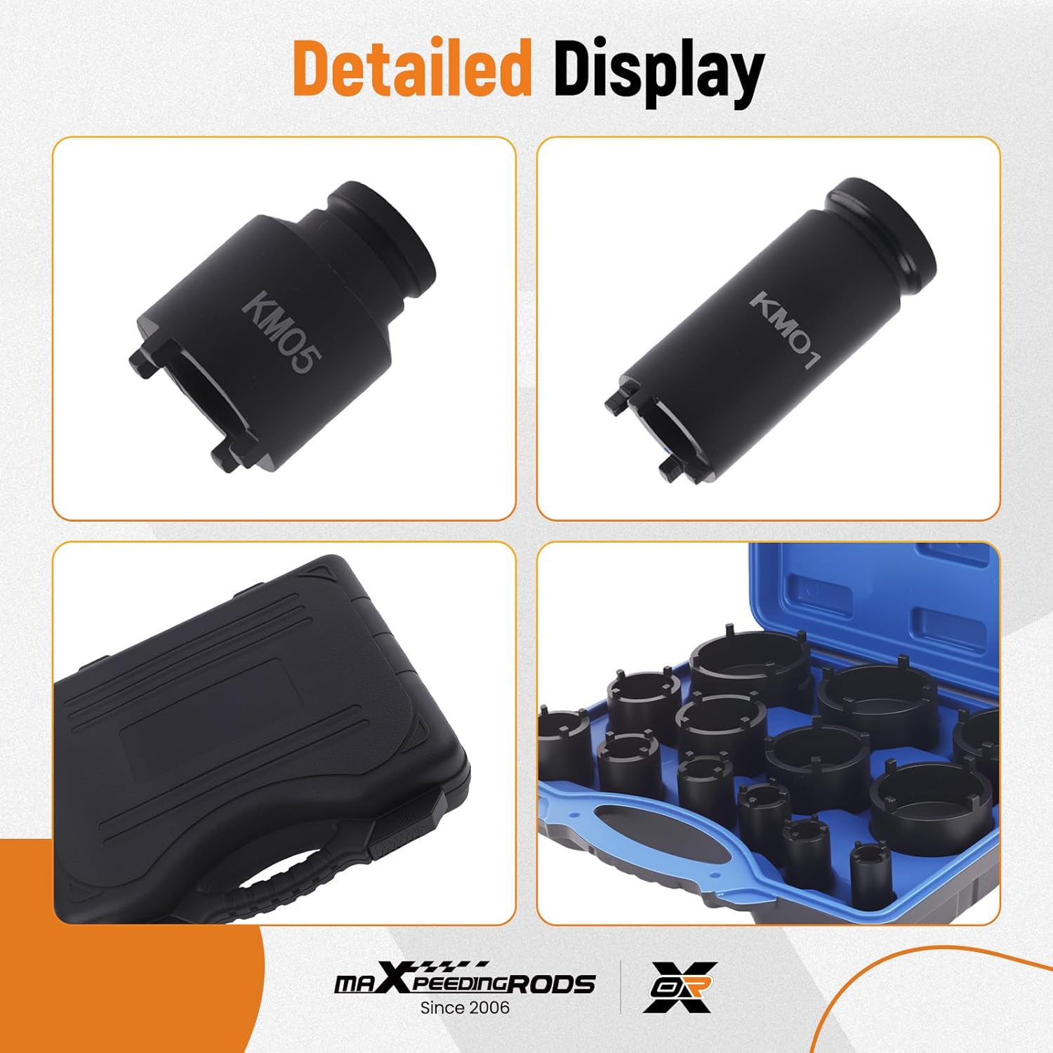 maXpeedingrods 13PCS Spindle Nuts Socket Kit, Ball Joints Axle Locknut Remove Install Locking Hub Socket for KM Groove Nuts for GM Dodge Ford and GMC, with 1/2'' Drive 4 Teeth Exterior