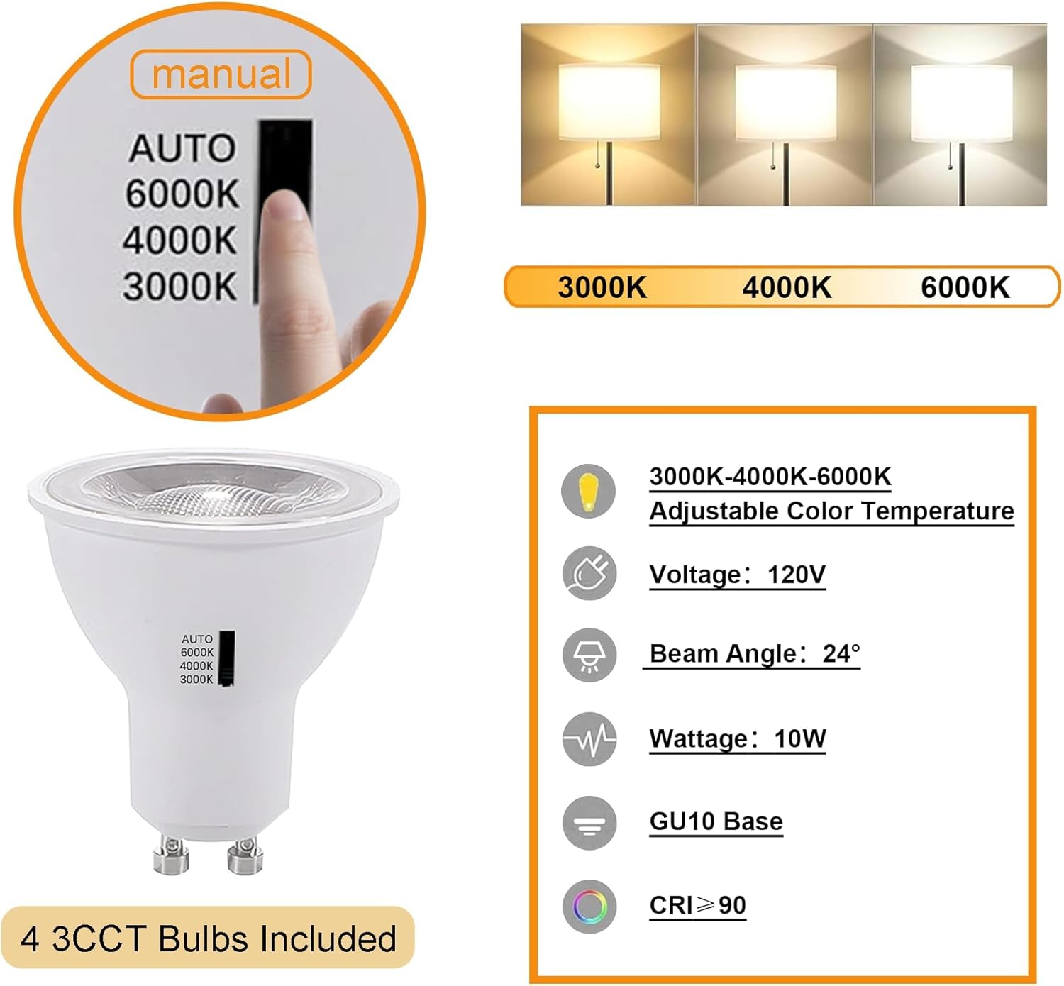 Black 4PCS LED Track Lighting with Advanced Replaceable GU10 Bulbs, Switchable 3CCT and Dimmable Brightness(20%-100%), Versatile Ceiling Spotlight Fixtures for Any Space(No Track Rail)