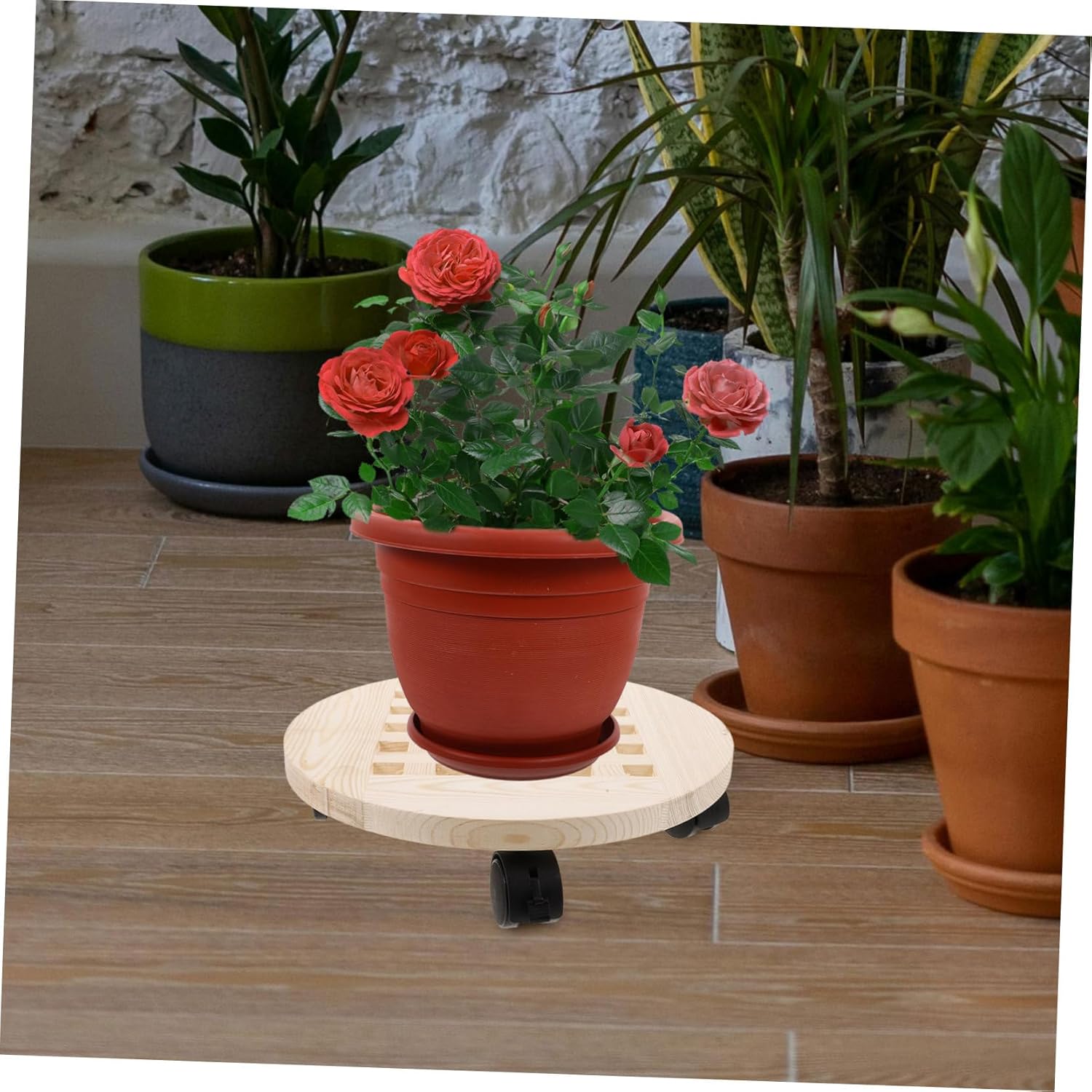 Wooden Flowerpot Base Wheels Movable Planter Tray Round Plant Saucer Holder Garden Pot Holder Vintage Decor